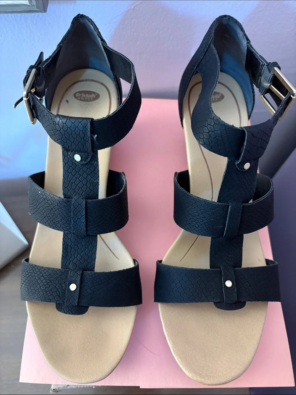 Dr. Scholl's Black Strappy Wedge Sandals with Wood-Tone Heel